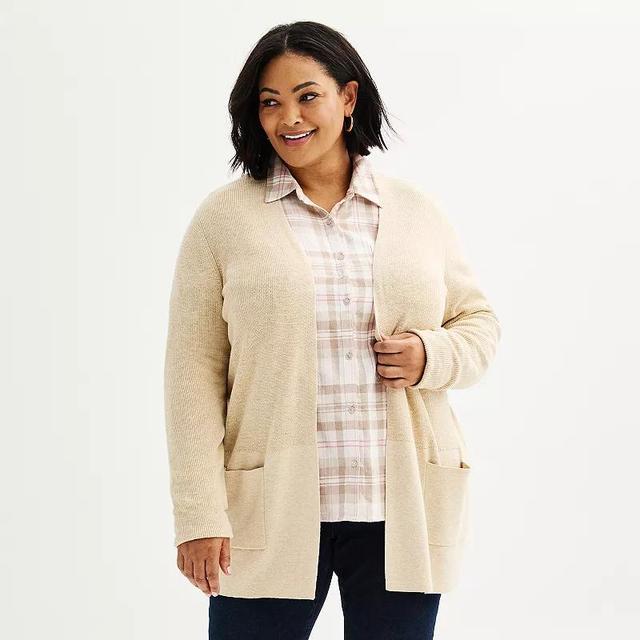 Plus Size Croft & Barrow Classic Ribbed Open-Front Cardigan, Womens Oatmeal Grey Product Image