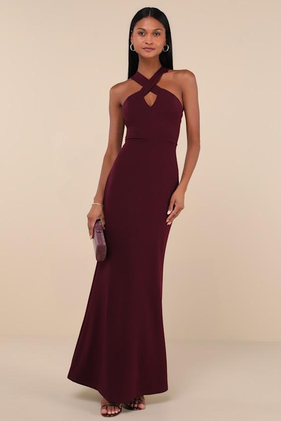 Keep You Enchanted Dark Purple Cutout Halter Mermaid Maxi Dress Product Image