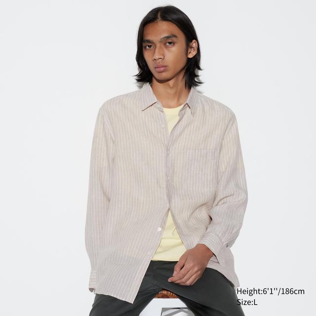 Mens Premium Linen Striped Long-Sleeve Shirt Beige Small UNIQLO US Product Image