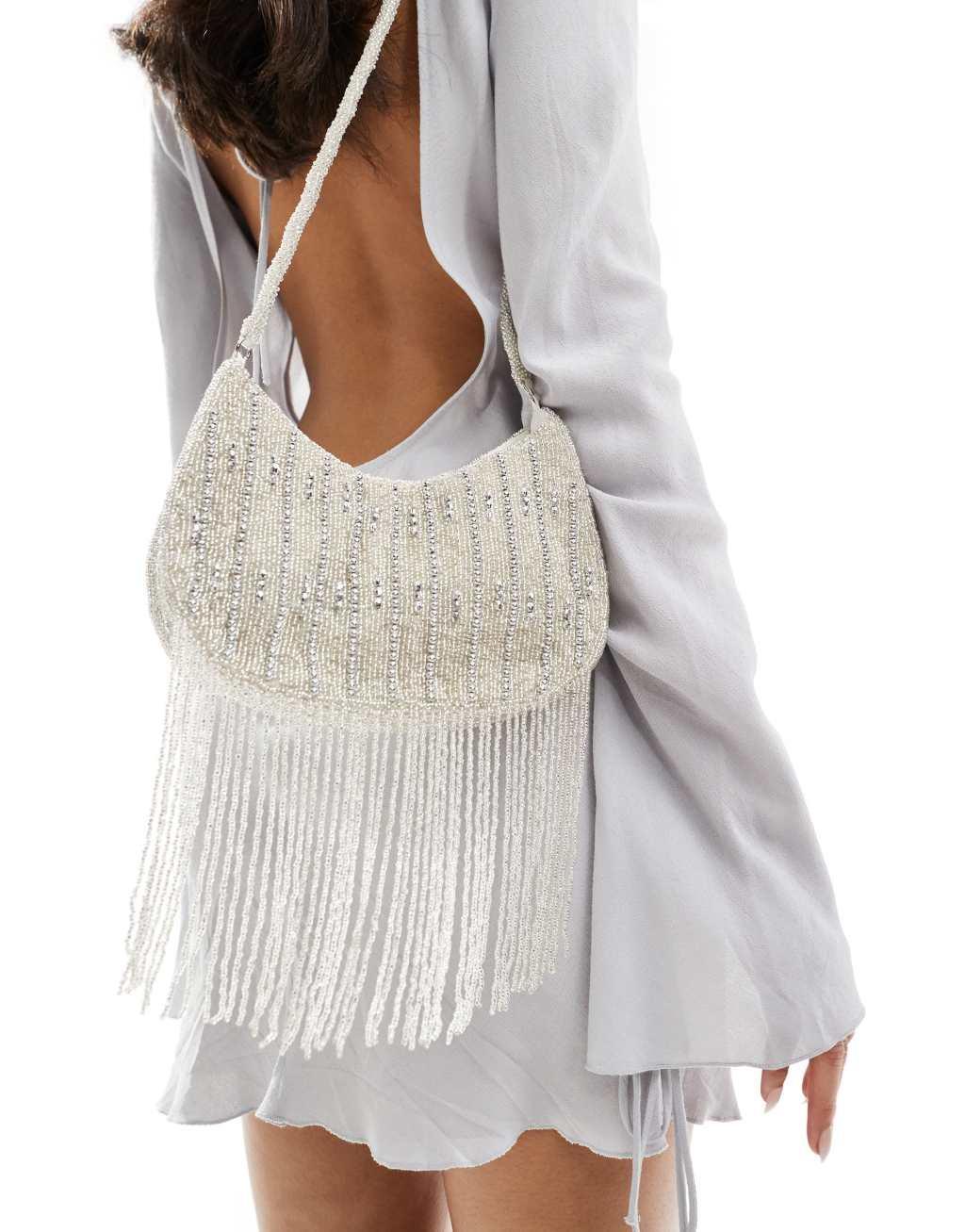 True Decadence embellished tassel crossbody bag in silver Product Image