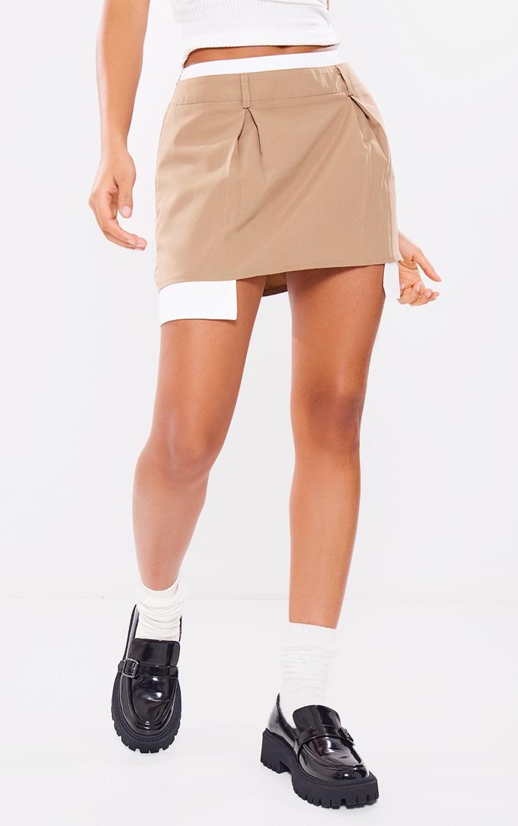 Mocha Woven Box Pleated Shirt Detail Skater Skirt Product Image