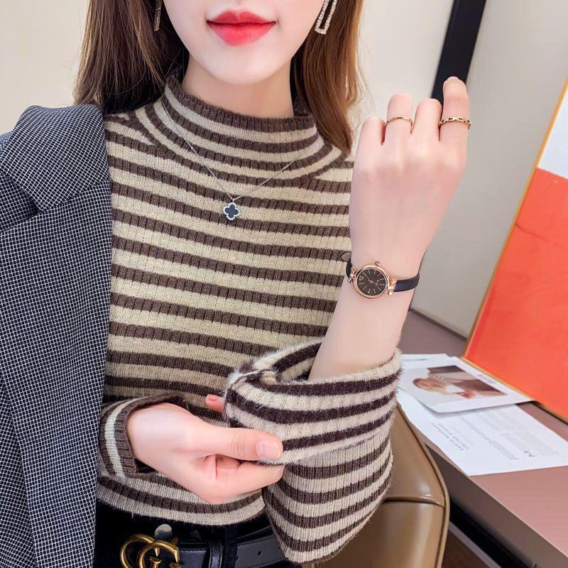 Long-Sleeve Mock Neck Striped Slim Fit Knit Top Product Image