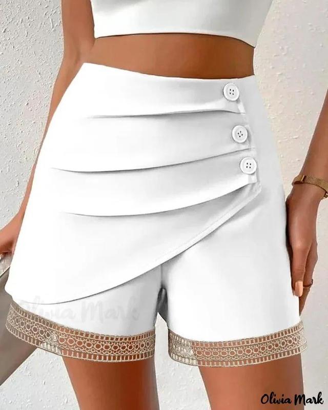 Olivia Mark – Ruched Lace-Accented Button-Side Shorts Product Image