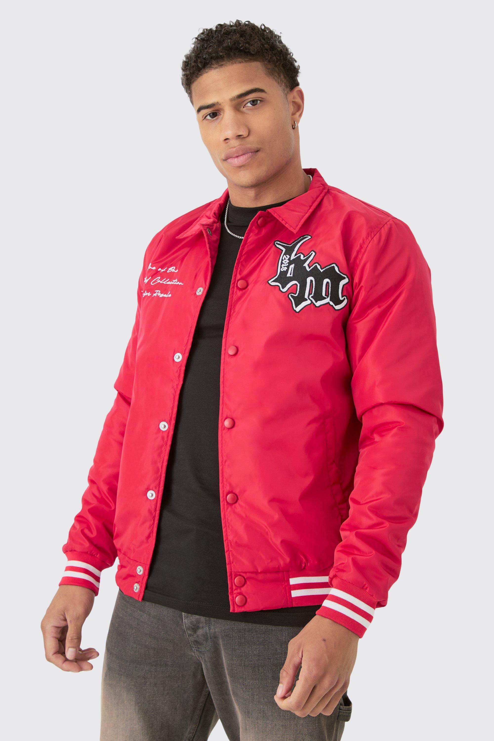 Nylon BM Badge Collared Varsity Bomber In Red | boohooMAN USA Product Image