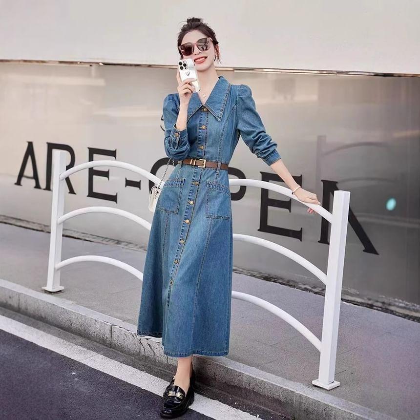 Long-Sleeve Washed Denim Maxi A-Line Shirt Dress Product Image