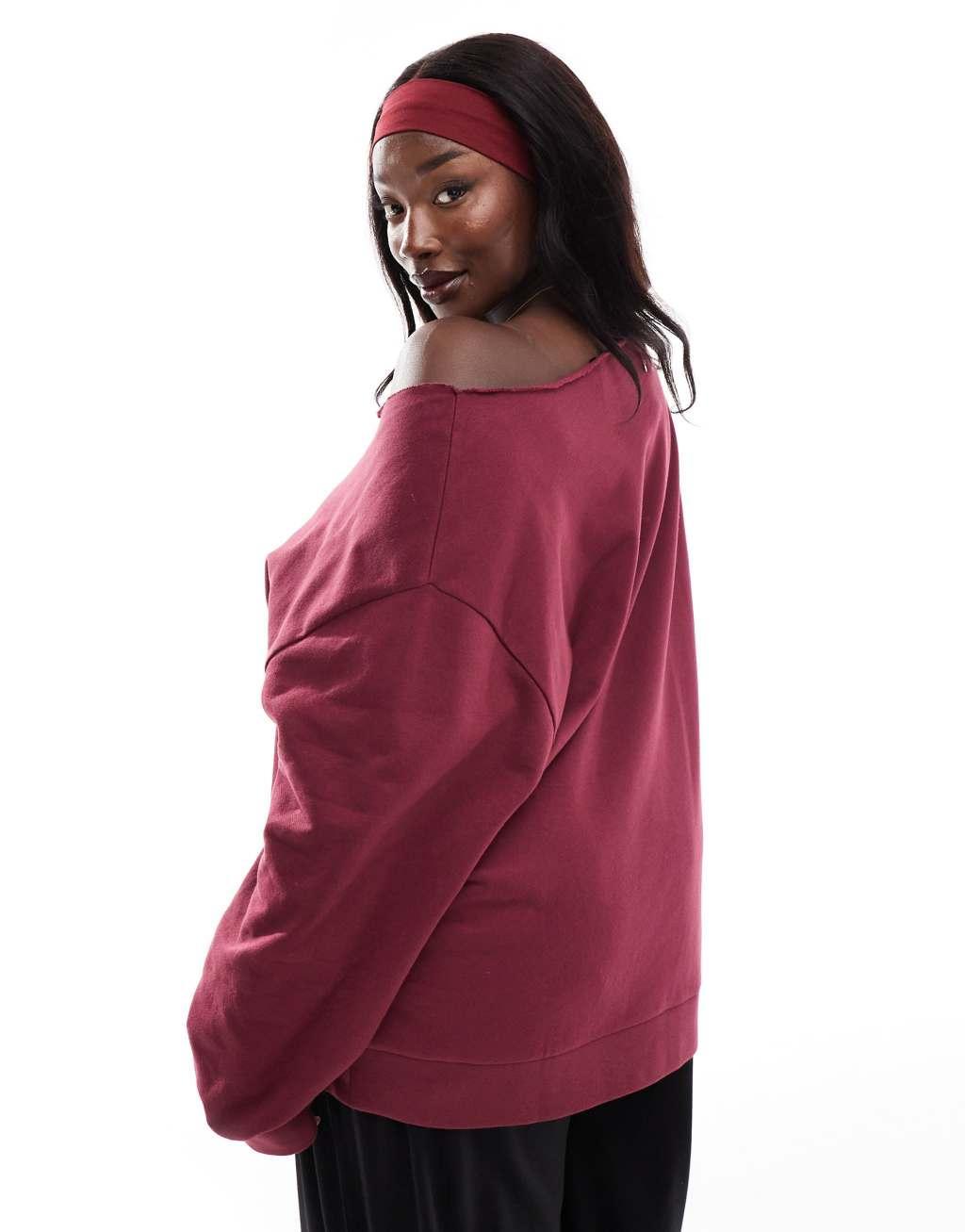 ASOS DESIGN Curve off shoulder sweatshirt in burgundy Product Image