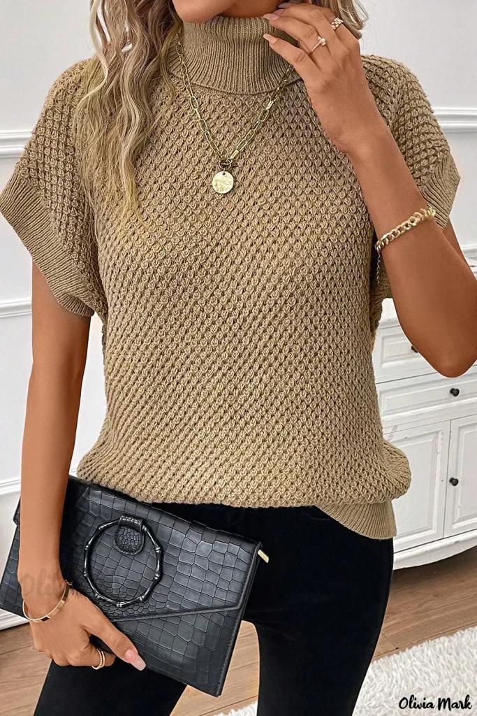 Olivia Mark – Pale Khaki Textured Turtleneck Short Sleeve Sweater Product Image