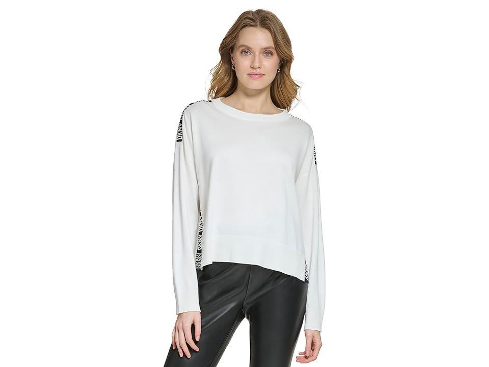 DKNY Long Sleeve Logo Tape Sweater (Ivory) Women's Clothing Product Image