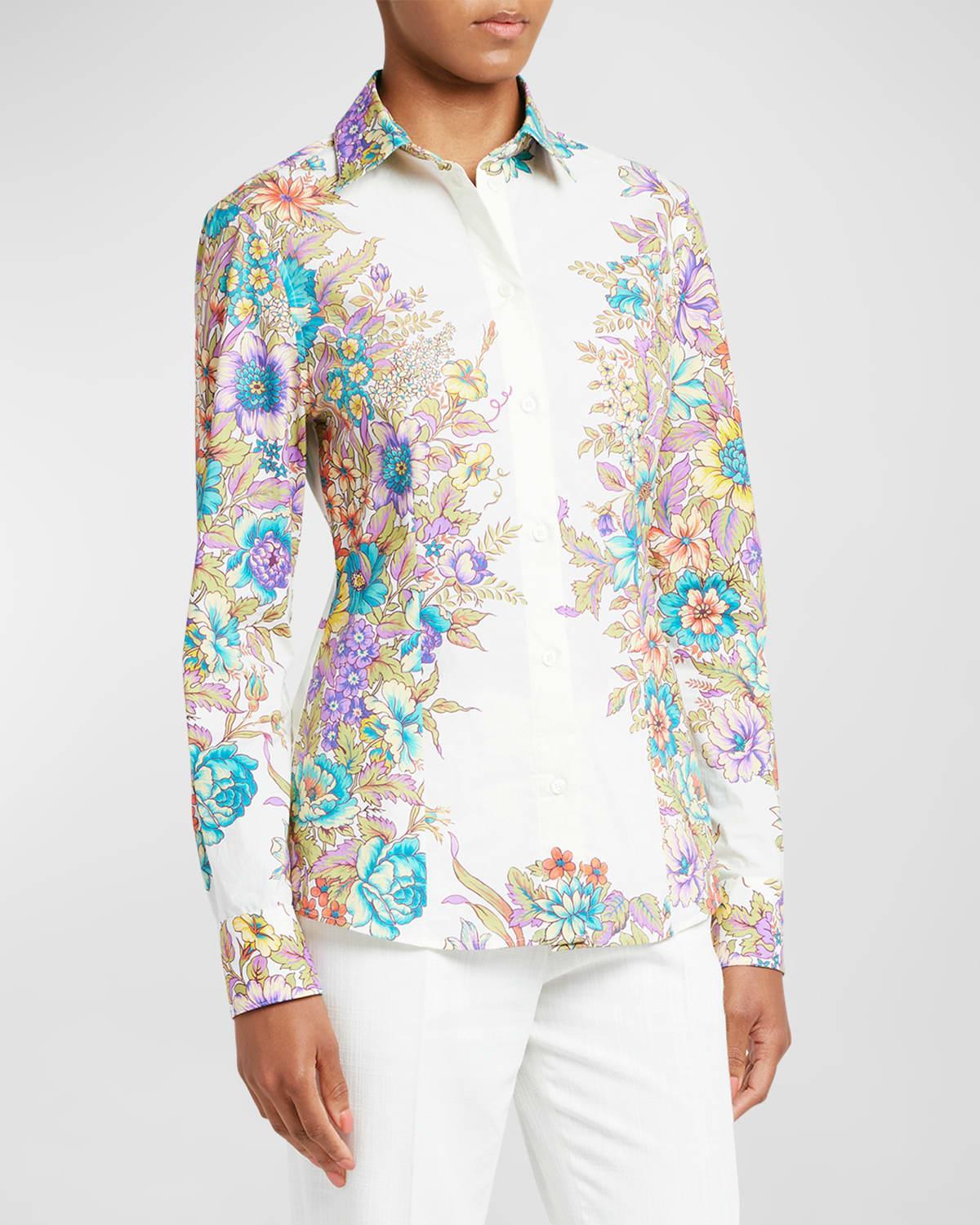 Bouquet Floral-Print Long-Sleeve Slim-Fit Cotton Shirt Product Image