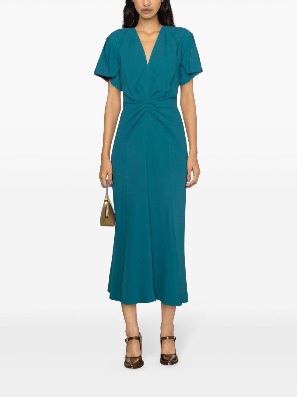 Draping-detailed Flared Midi Dress In Green Product Image