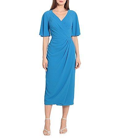 Maggy London Draped Faux Wrap Short Flutter Sleeve Surplice V-Neck Pebble Crepe Midi Dress Product Image