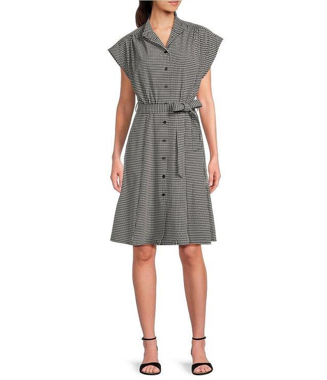 Calvin Klein Short Sleeve Collared Neck Tie Waist Gingham Dress Product Image