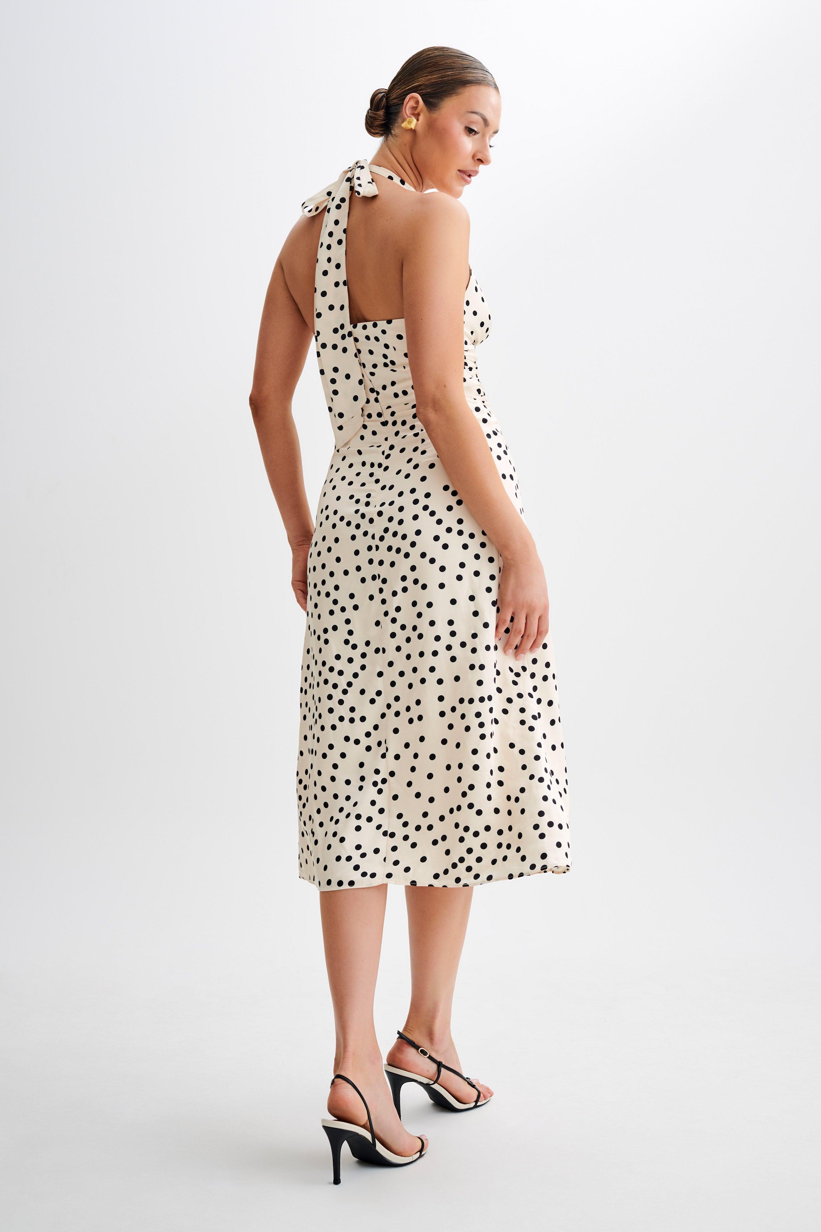 Marguerite Satin Halter Midi Dress - Polkadot Product Image