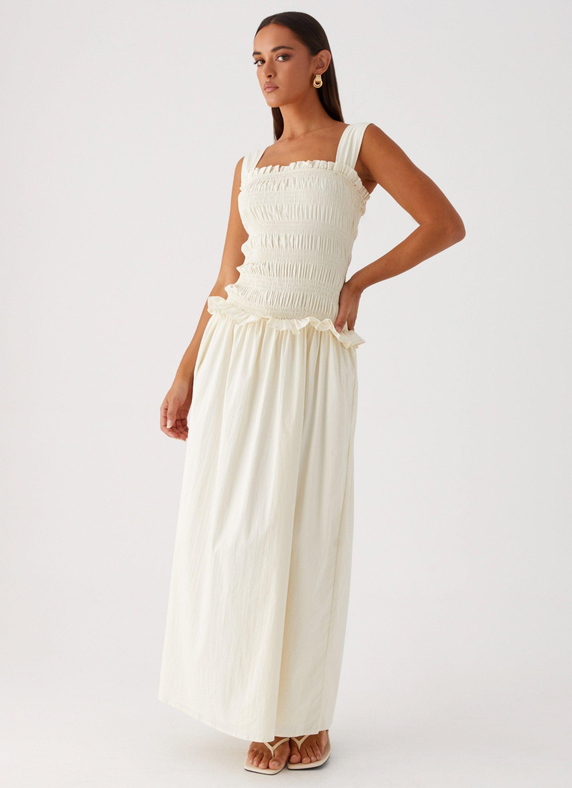 Deana Shirred Maxi Dress - White Product Image