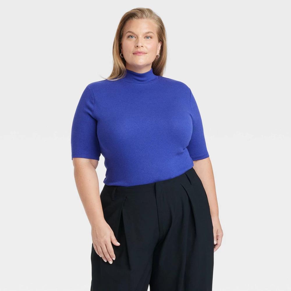 Womens Ribbed Short Sleeve Mock Turtleneck T-Shirt - A New Day Blue 3X Product Image