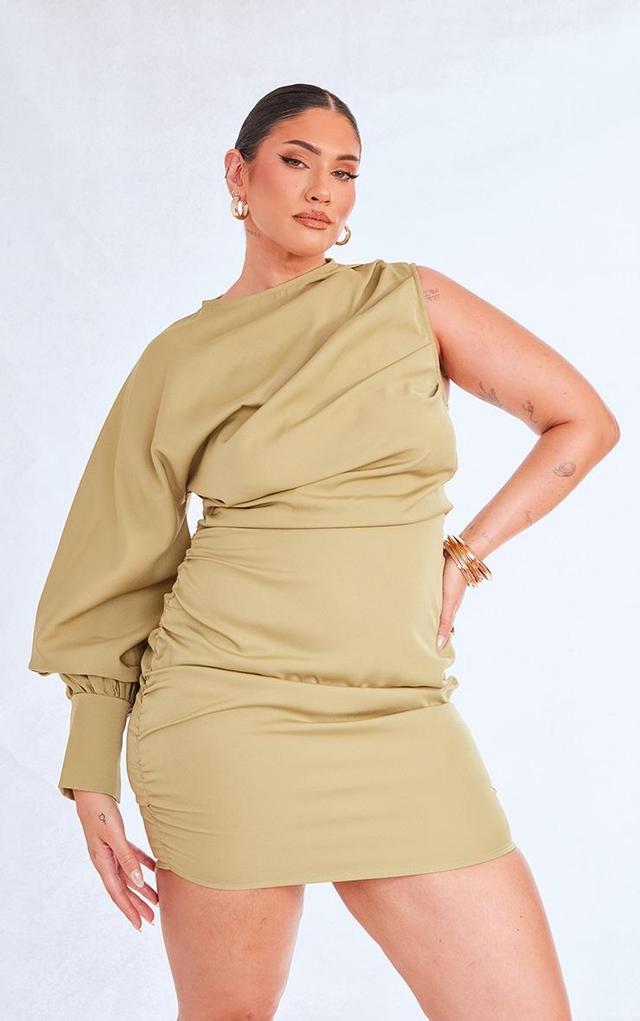 Plus Sage Green One Sleeve Ruched Woven Bodycon Dress Product Image