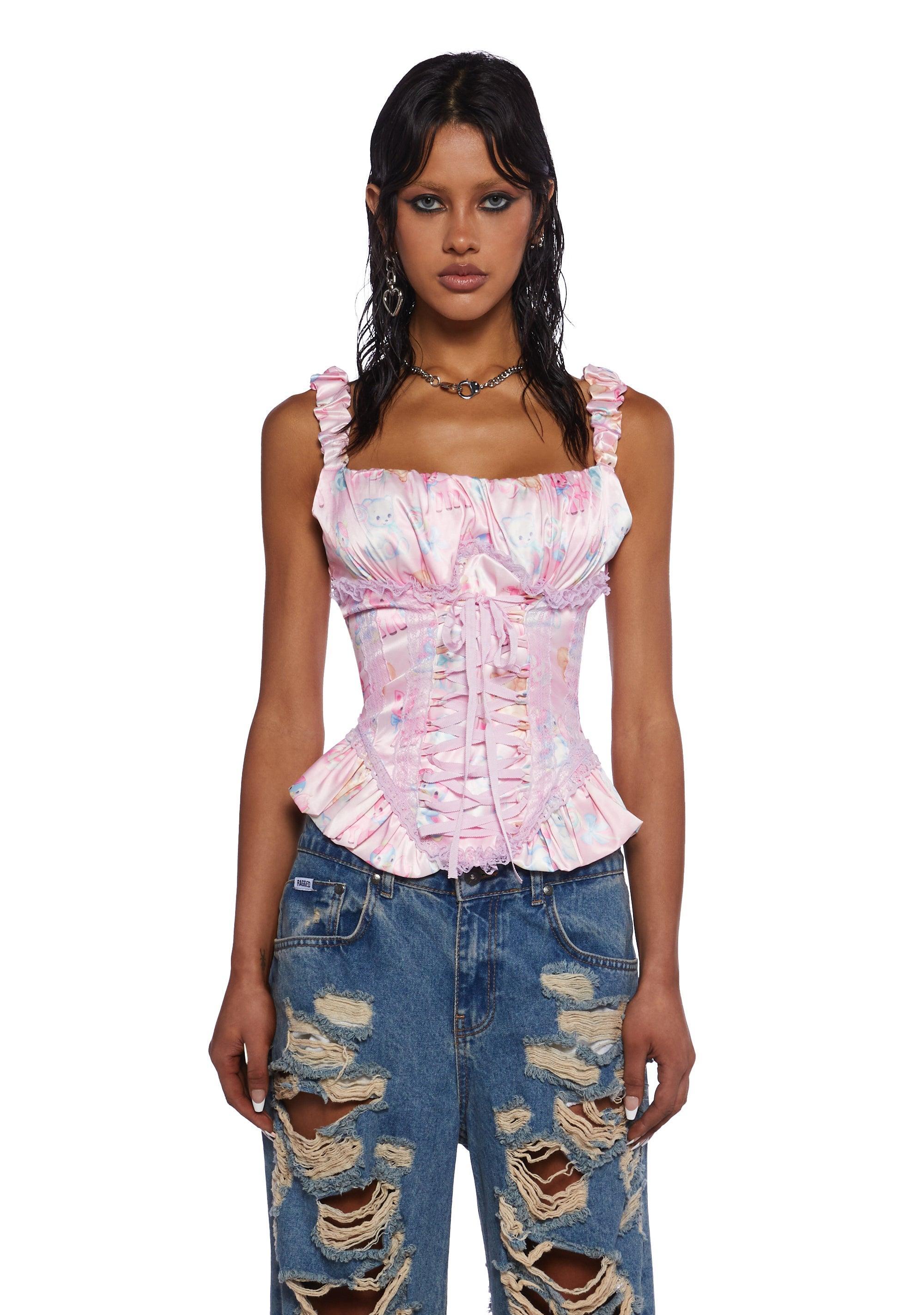 Sugar Thrillz Animal Print Satin Tank Lace Up Corset Top - Pink Product Image