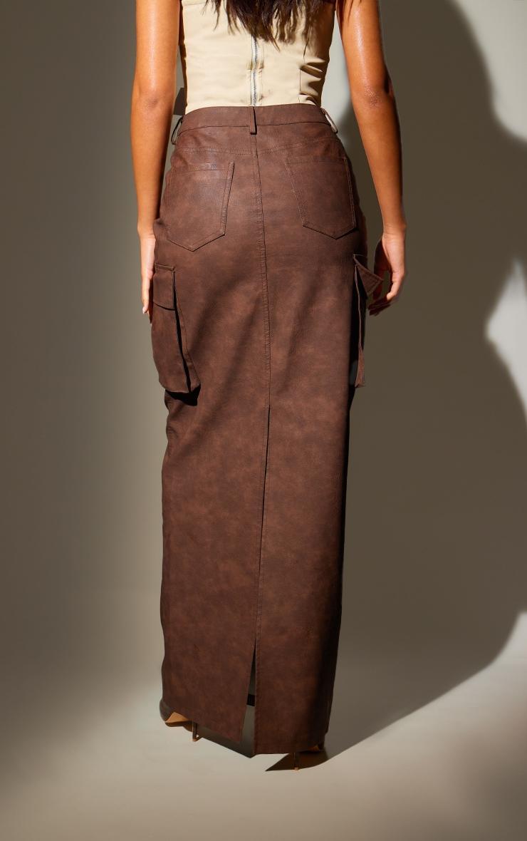 Tall Washed Brown Faux Leather Pocket Detail Maxi Skirt Product Image