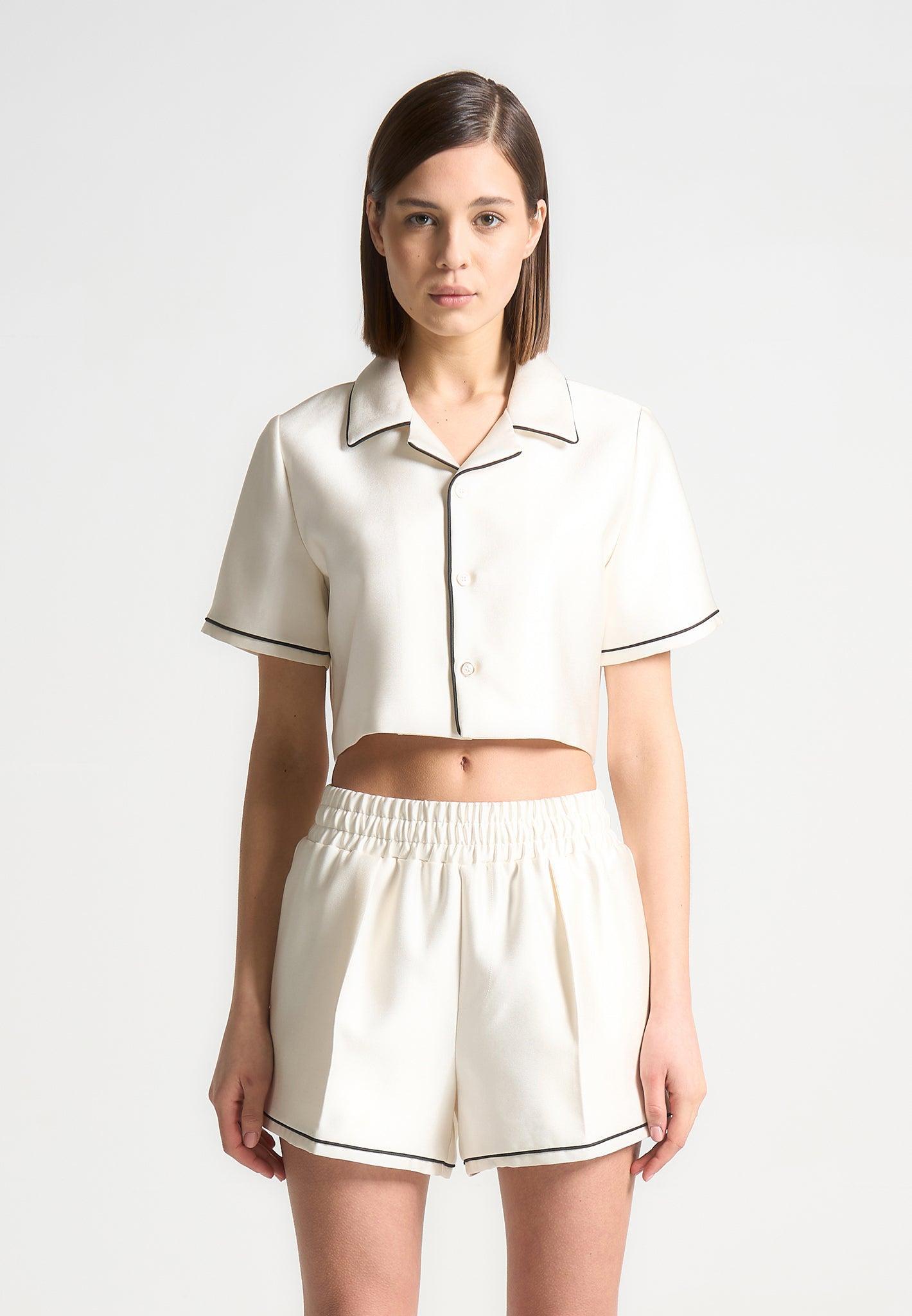 Satin Cropped Shirt with Piping - Cream Female Product Image