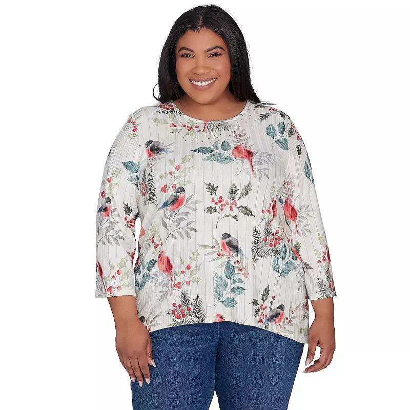 Plus Size Alfred Dunner Crew Neck Birds & Holly Leaf Top, Womens Product Image