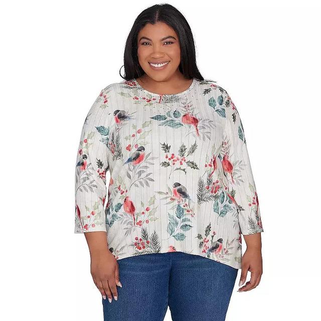 Plus Size Alfred Dunner Crew Neck Birds & Holly Leaf Top, Womens Product Image