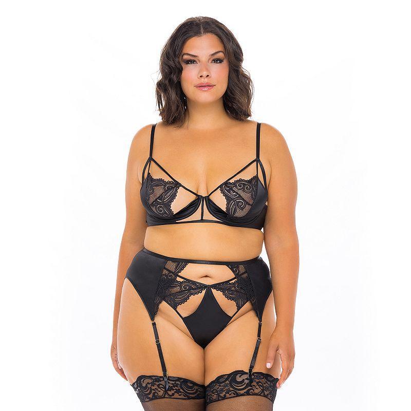 Plus Size Oh La La Cheri Ivy Underwire Lace Bra, Garter Belt & Panty Set 41-11608X, Womens Black Product Image