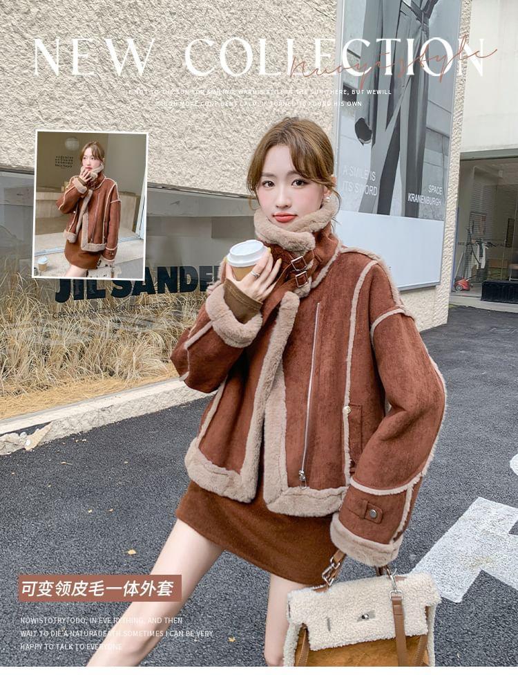 Collared Panel Faux Shearling Zip Jacket Product Image