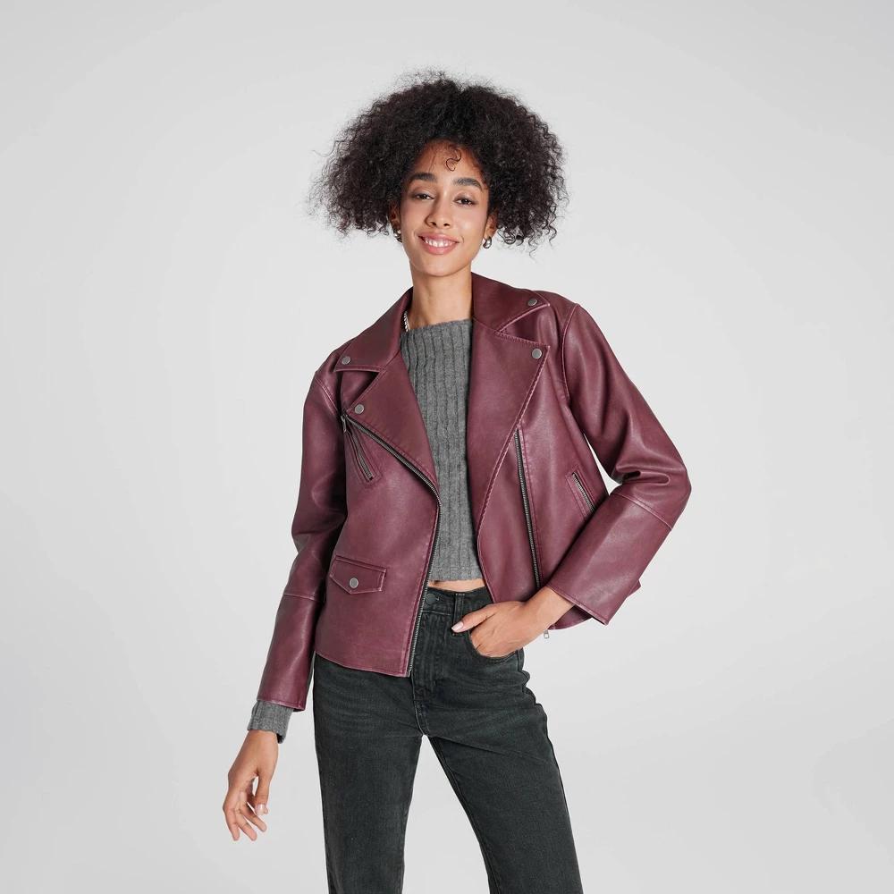 Womens Faux Leather Biker Jacket - Wild Fable Berry Purple L Product Image