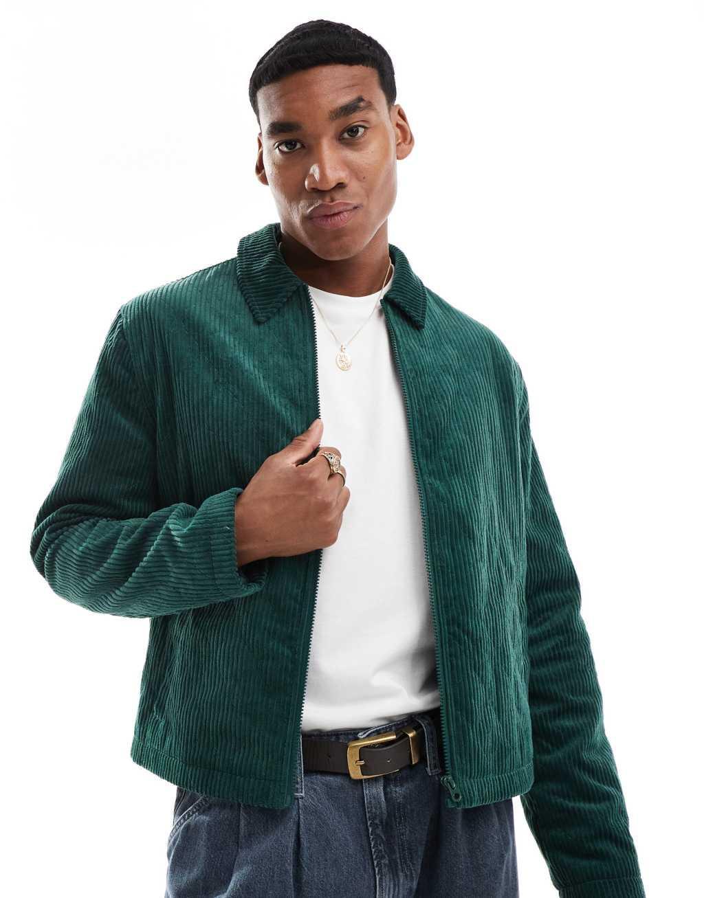 ASOS DESIGN corduroy quilted harrington jacket in green product image