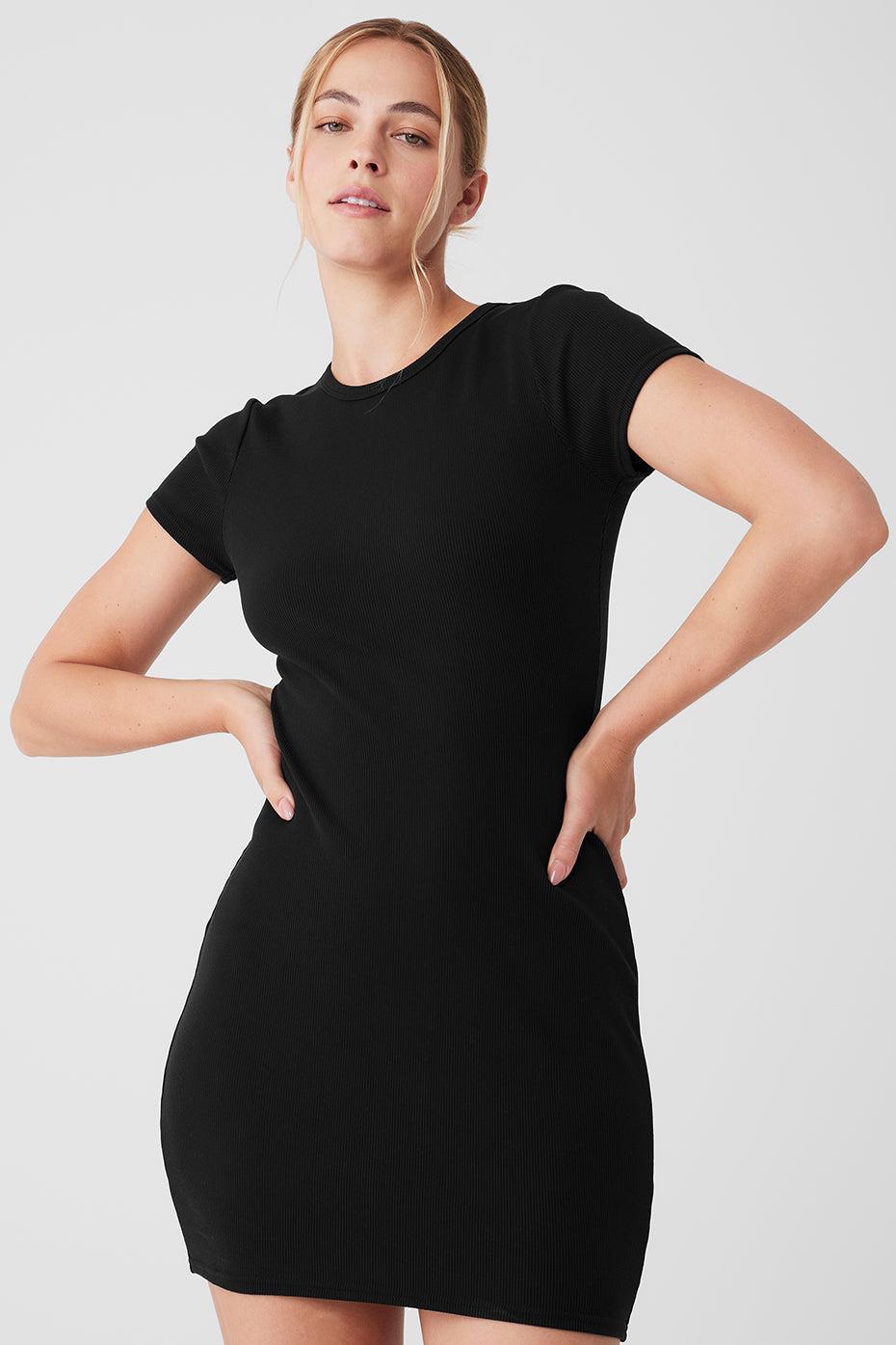 Goddess Ribbed Short Sleeve Dress - Black Product Image