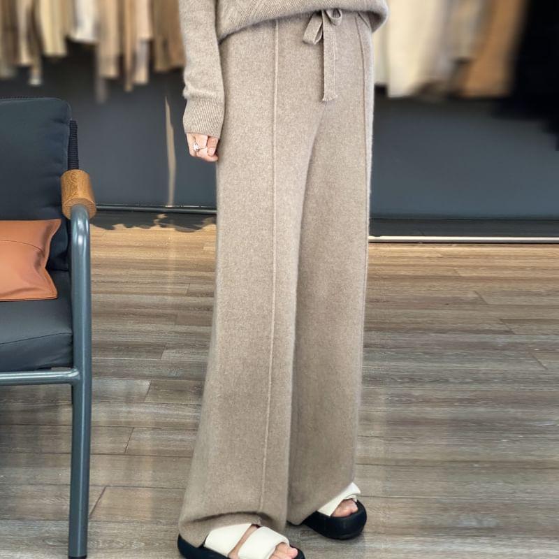 High Rise Plain Knit Wide Leg Pants Product Image