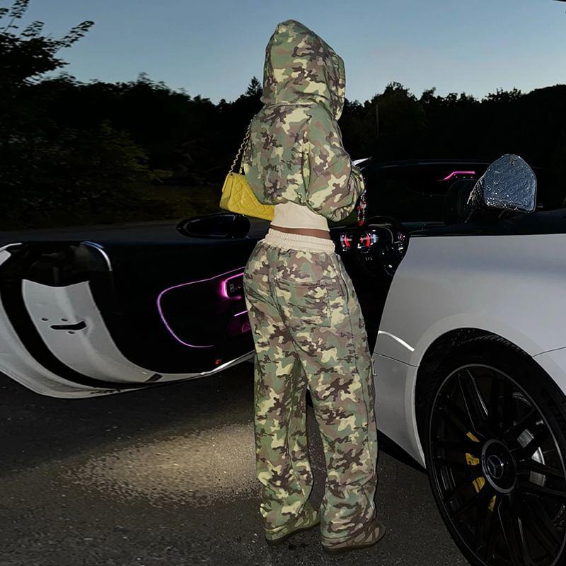 Set: Camouflage Zip-Up Hoodie + Drawstring Sweatpants Product Image