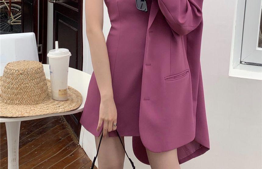 Notch Lapel Plain Single Breasted Blazer / Spaghetti Strap Square Neck Plain Slit Mini A-Line Dress Product Image