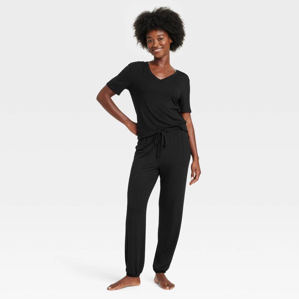 Womens Cloud Knit Short Sleeve Top and Jogger Pants Pajama Set - Auden Black M Product Image