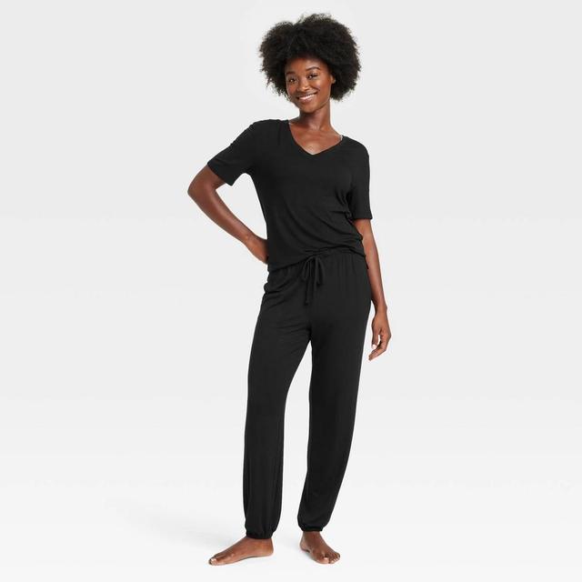 Womens Cloud Knit Short Sleeve Top and Jogger Pants Pajama Set - Auden Black L Product Image