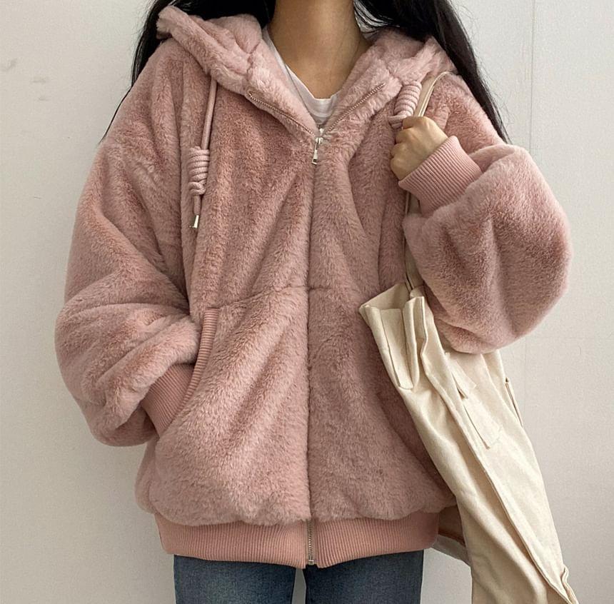 Long Sleeve Zip Up Fluffy Hoodie Jacket Product Image