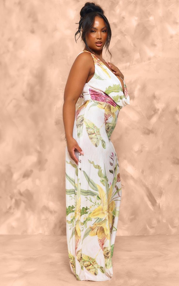 Plus Off White Floral Print Plisse Cowl Plunge Maxi Dress Product Image