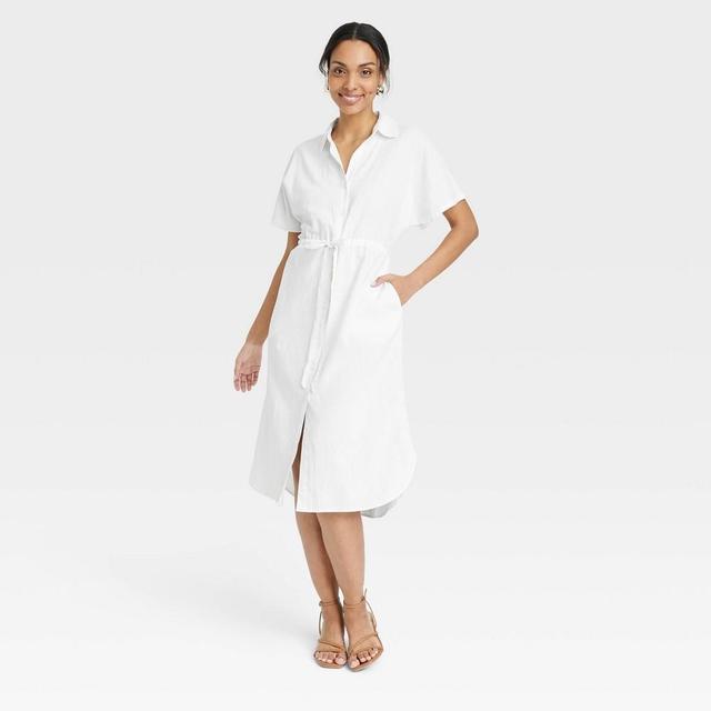 Womens Short Sleeve Linen Midi Shirtdress - A New Day White L Product Image