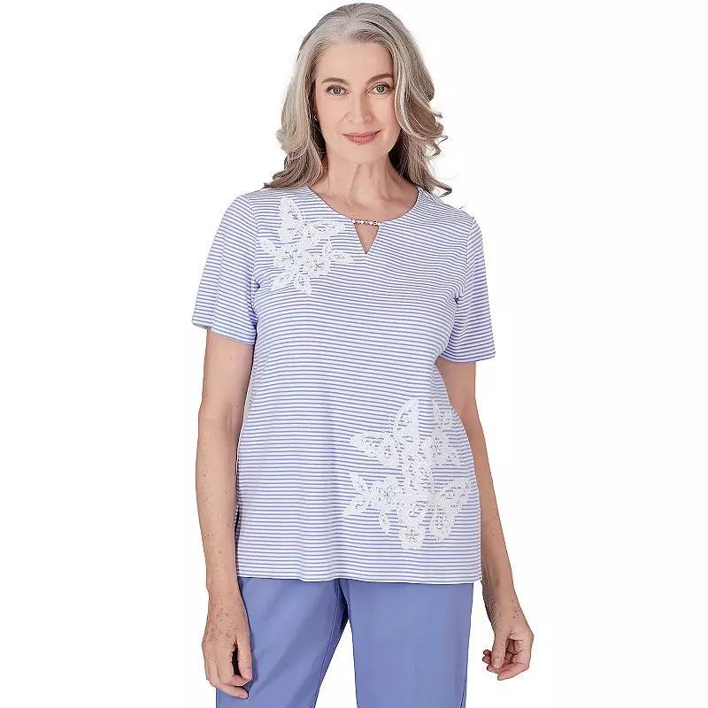 Alfred Dunner Womens Summer Breeze Mini Stripes T-shirt with Butterfly Lace Detail Product Image