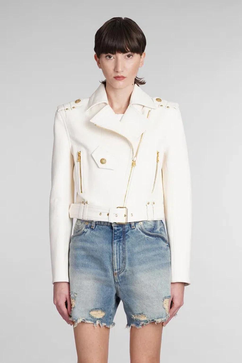 BALMAIN Biker Jacket In Beige Leather Product Image