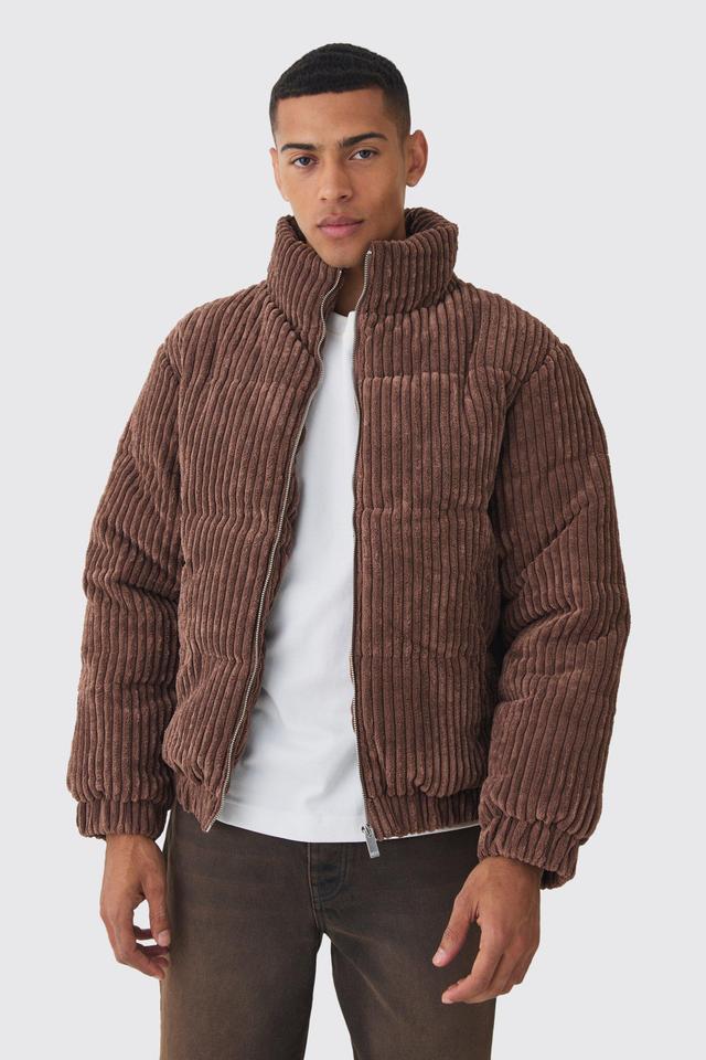 Jumbo Cord Funnel Neck Puffer Coat In Chocolate | boohooMAN USA Product Image