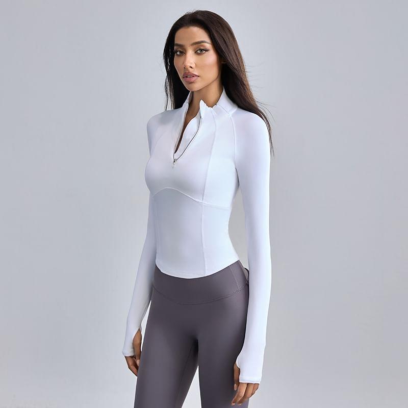 Long Sleeve Stand Collar Plain Panel Half Zip Yoga Top Product Image