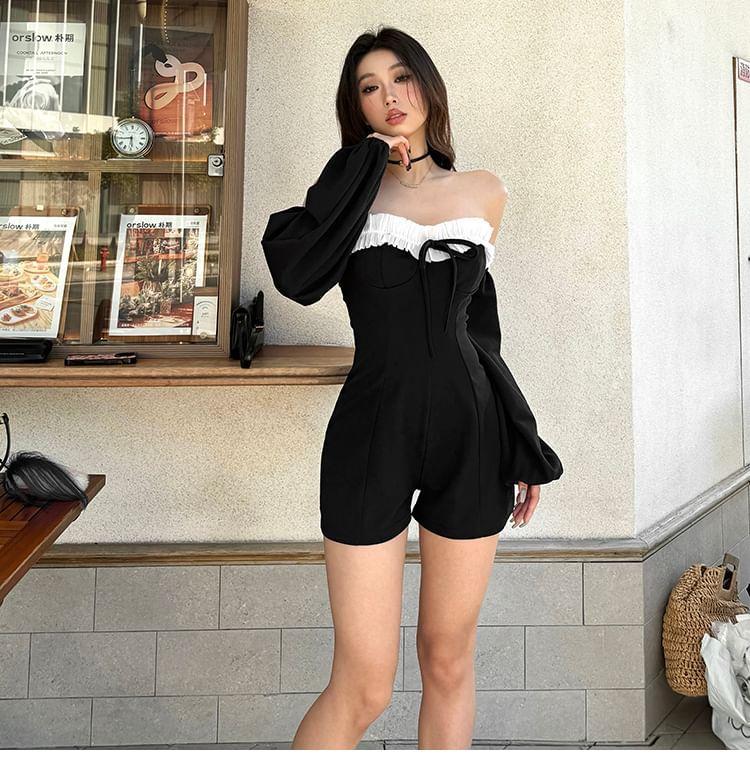 Long-Sleeve Off Shoulder Contrast Ruffle Trim Romper Product Image