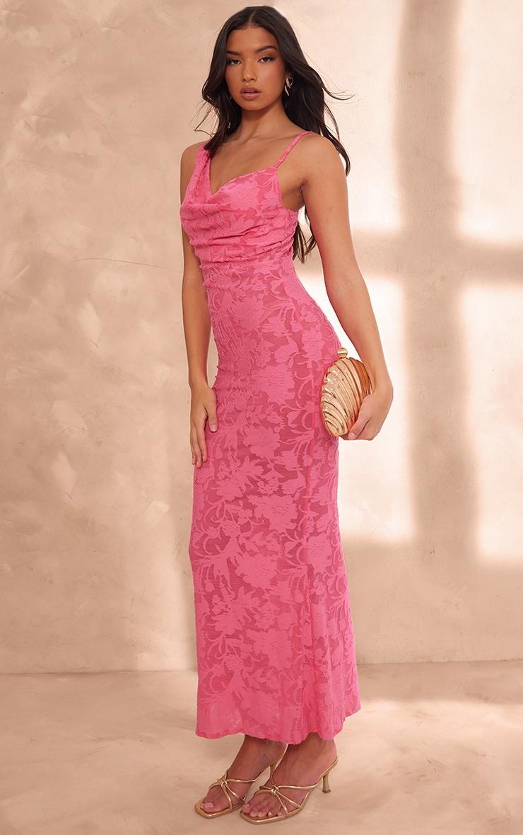 Hot Pink Devore Mesh Asymmetric Cowl Neck Maxi Dress Product Image