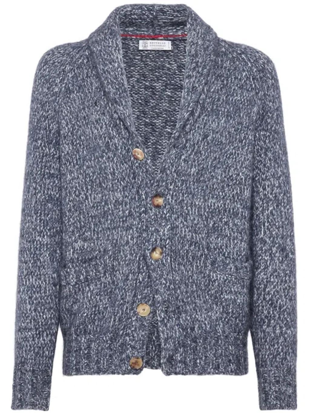 BRUNELLO CUCINELLI V-necked Cardigan Wool Shawl Lapels In Blue Product Image