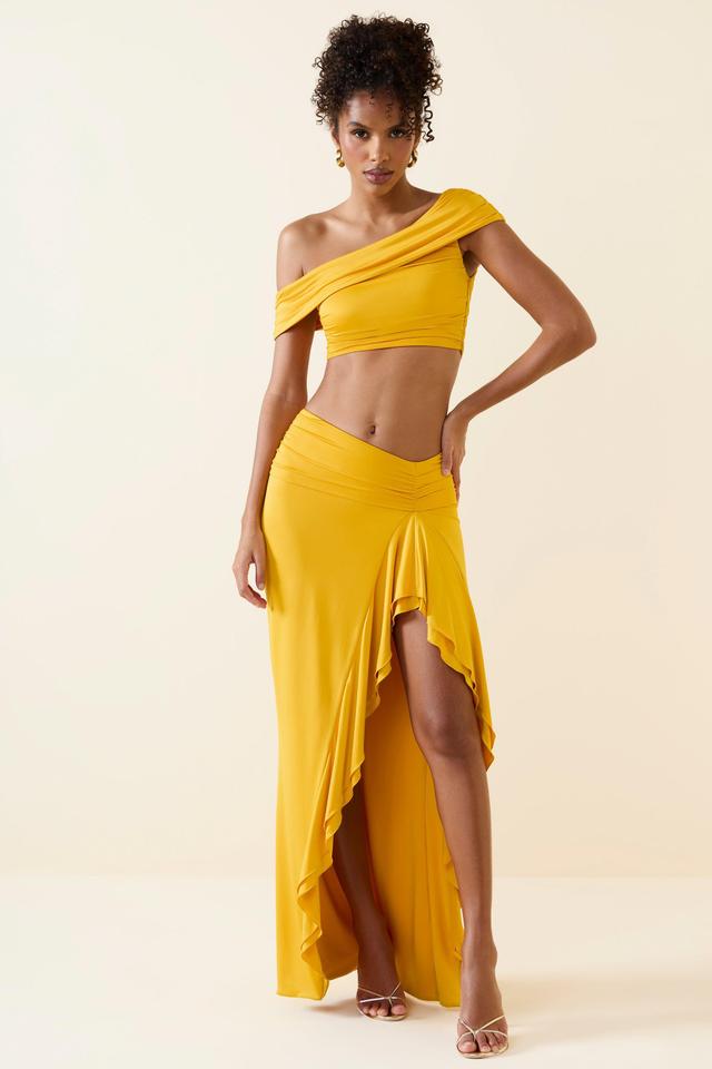 Asymmetric Ruffled Low-Rise Maxi Skirt in Golden Yellow Product Image