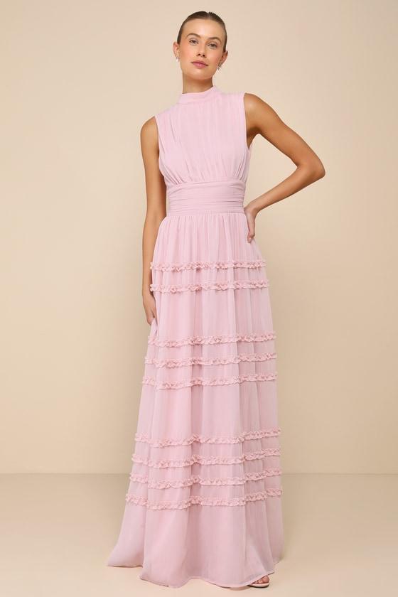 Enchantingly Sweet Blush Pink Chiffon Backless Maxi Dress Product Image