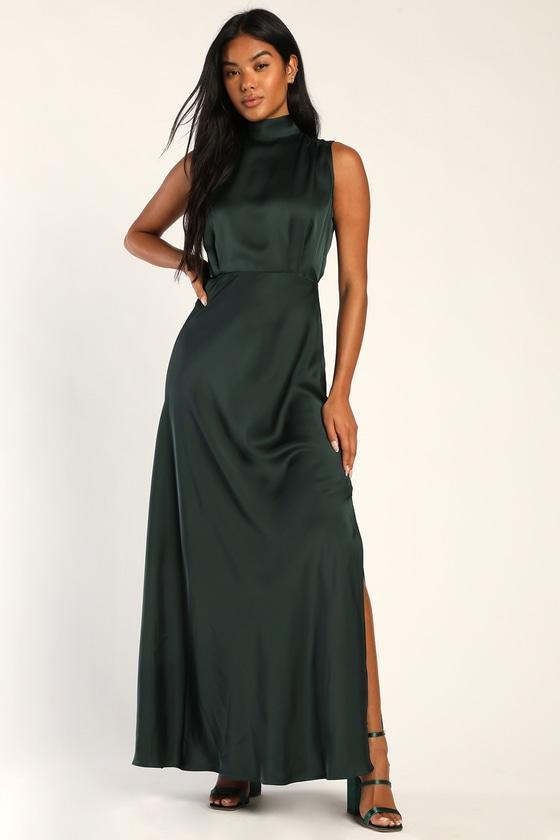 Classic Elegance Green Satin Sleeveless Mock Neck Maxi Dress Product Image