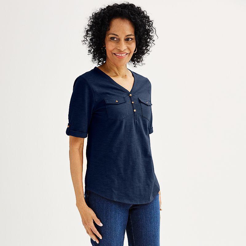 Petite Croft & Barrow Elbow Sleeve Utility Henley Top, Womens Product Image