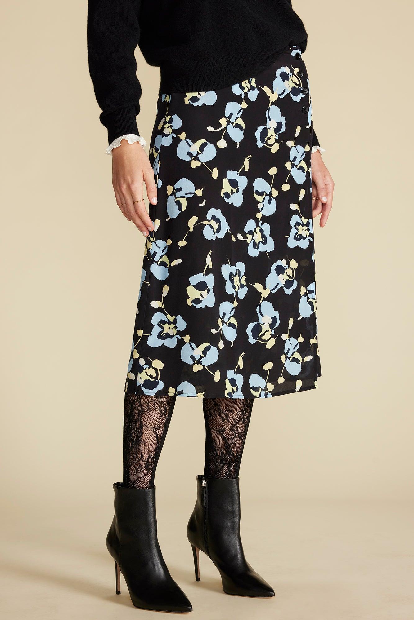 Gabrielle Washable Silk Skirt - Black Pensee Floral Print Product Image